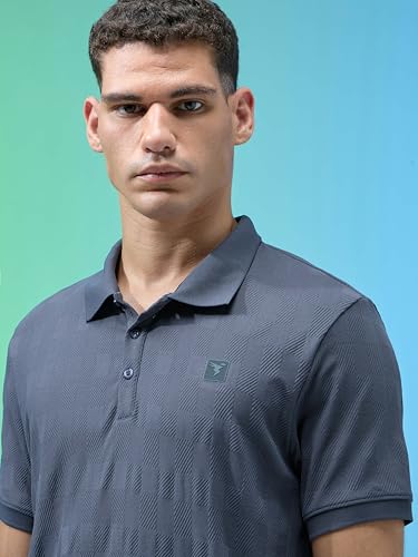 Image of TECHNOSPORT Men's Slim Fit Jacquard Textured Polo Sports T-Shirt with Cotflex, UPF50+ for Regular use