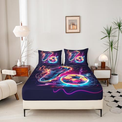 Sábana bajera ajustable para niños, tamaño individual, juego de ropa de cama moderno con diseño de balón de fútbol, decoración de habitación de niños y hombres, sábana de moda con grafiti en acuarela