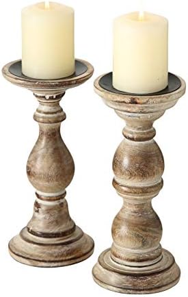 Rustic Stockbridge Wooden Candle Holders, Set of 2, Spiked Metal Top, Rounded Turned Columns, Sustainable Mango, Distressed with Vintage Style White Wash, 9 H x