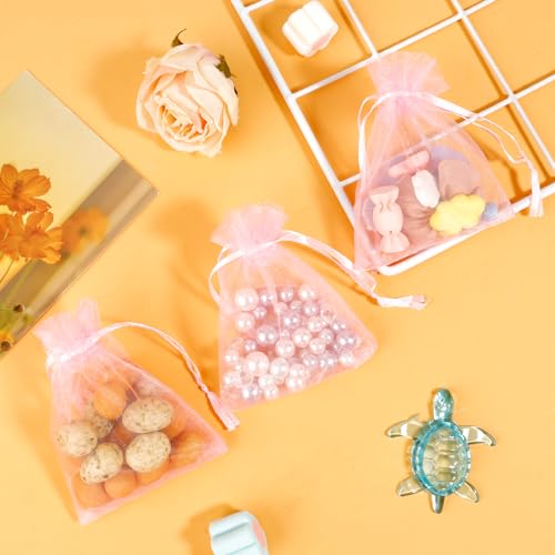 Image of BOEIAC Organza Bags - Pink Sheer Organza Gift Bags, 50 Pcs, 3 x 4 Inch, Jewelry & Party Favor Bags with Drawstring, Mesh Candy Bags for Wedding & Christmas