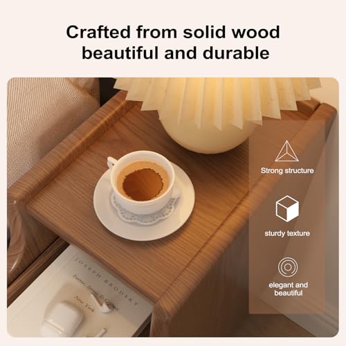 Image of AQIMUELE Small Nightstand with Drawers, Solid Wood Bedside Table, Narrow Walnut Nightstand for Bedroom