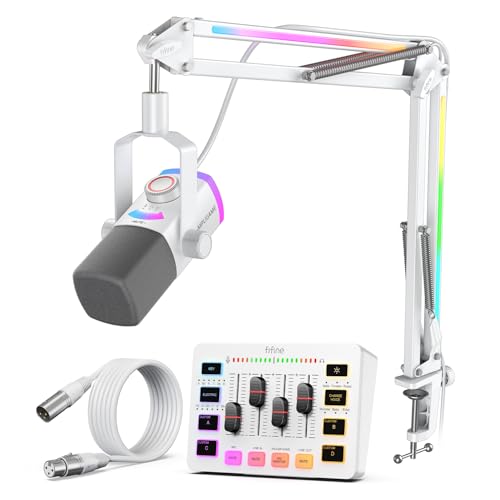 FIFINE Streaming Microphone Kit, Dynamic USB/XLR Microphone with RGB Metal Arm, Aduio Mixer with Slider Fader, 48V Platform Power &amp; 10ft XLR Cable for Gaming, Podcast, Home Studio-SC3W+L9W+AM8PROTW