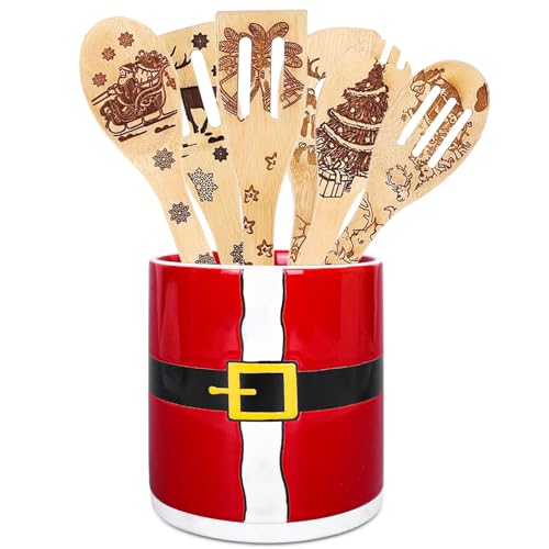 JarThenaAMCS Christmas Utensil Holder Santa Ceramic Utensil Crock for Farmhouse Xmas Holiday Kitchen Countertop Storage Organizer Container