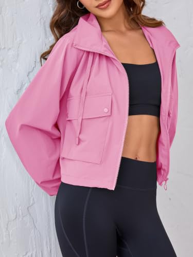 Tankaneo Womens Cropped Military Jackets Hooded Long Sleeve Zipper Anorak Coat with Pockets — view 2