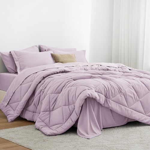 Love's cabin Twin XL Comforter Set Light Purple, 5 Pieces Twin XL Bed in a Bag, All Season Bedding Sets with 1 Comforter, 1 Flat Sheet, 1 Fitted Sheet, 1 Pillowcase and 1 Pillow Sham by Love's cabin - Used condition - US$26.23