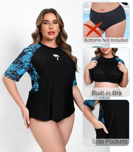Halcurt Women's Plus Size Short Sleeve Rash Guard Top with Built in Bra Side Pockets UPF50+ Swim Shirts3