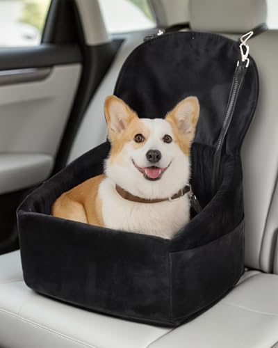 NUPIDA Dog Car Seat for Small Medium Dogs, Pet Booster Seat with Extendable Backrest, Pet Portable Car Seats up to 30 lbs, Washable Travel Bed with Storage Pockets and 2 Safety Leashes, Black