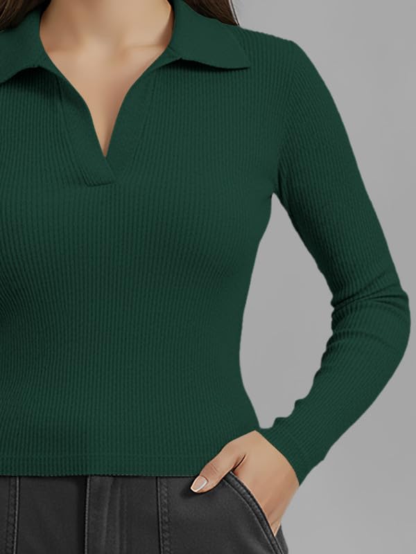 Image of Dream Beauty Fashion Women's Collared Neck Long Sleeve Slim Fit Casual Tee Top for Woman