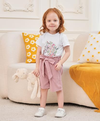 Toddler Kid Girl Outfits Clothes Floral Short Sleeve T-Shirt Top + Waist Pocketed Summer Short Sets 4-7T Girl Clothes2