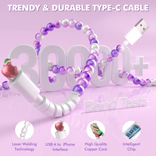 Coolden for iPhone Charger Cord for iPhone 14 Charger Fast Charging Cable 66W Cute Purple Beaded Charging Cord for Women Girls USB Cable for iPhone 14 13 12 11 Pro Max XR XS, iPad Pro/Air/Mini - image 4