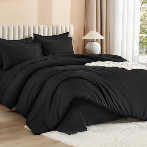 Image of Litanika Comforter King Size Set Black - 7 Pieces Bed in a Bag King Bedding Comforter Sets, Plain Lightweight Bed Set with Comforter, Sheets, Pillowcases & Shams