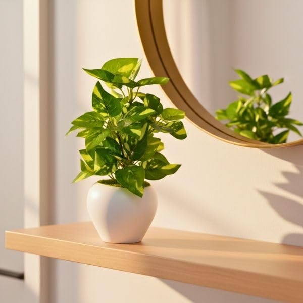 Image of fancymart Artificial Plant Leaves in Apple Pot (30 cm Height) | Small Potted Plant for Office Desk | Home Decor for Living Room | Cafe & Restaurant Table Decoration