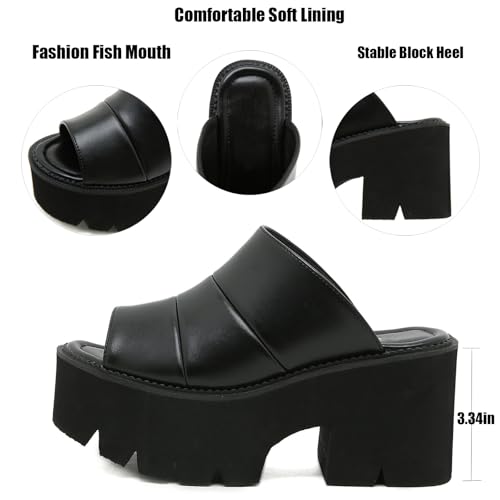 Women'S Black Leather Platform Chunky Heel Goth Slides Sandals Fashion Fish Mouth Comfort Slip On Anti-Slip Lug Sole Block Heeled Y2k Punk Slippers For Party Wedding Prom Evenin2