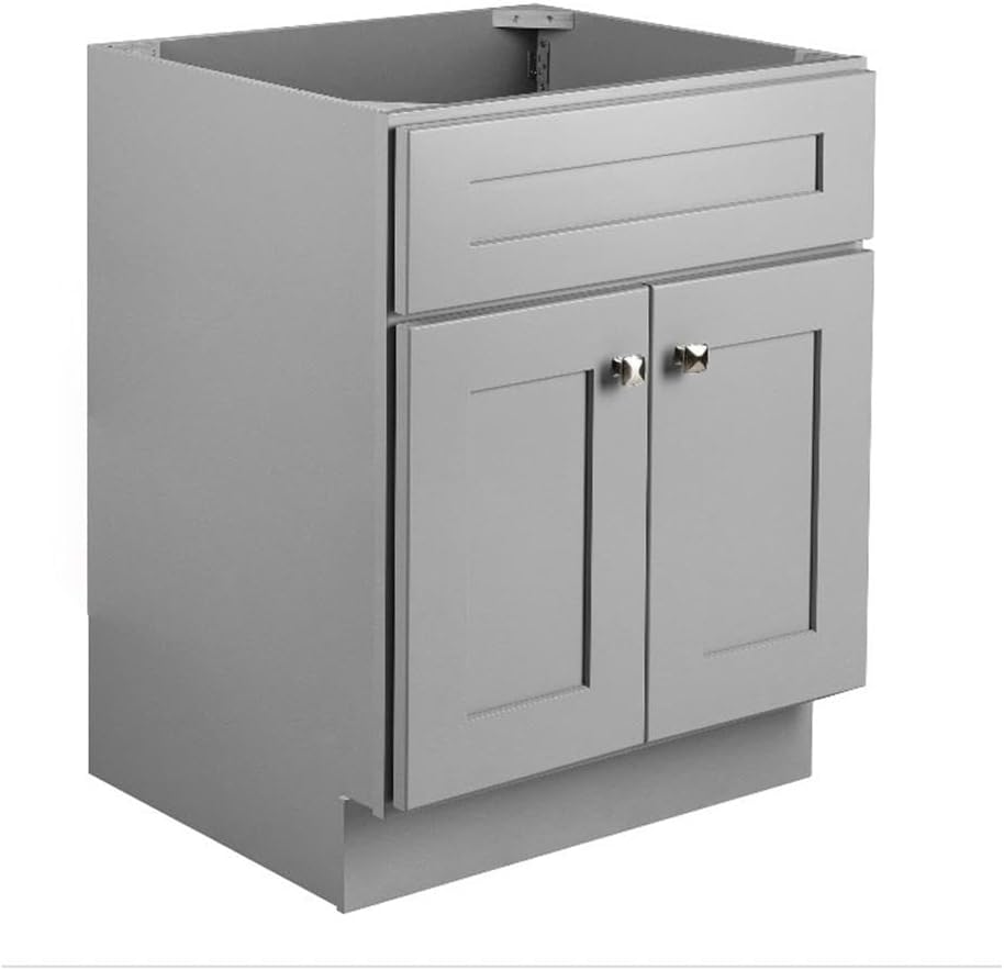 Pemberly Row 24-Inch Bathroom Vanity Cabinet, Solid Wood Construction, White Finish, Soft-Close Hinges, Shaker Design, Flush-to-Floor, Fits 25-Inch W x 22-Inch D Top, Ready-to-Assemble