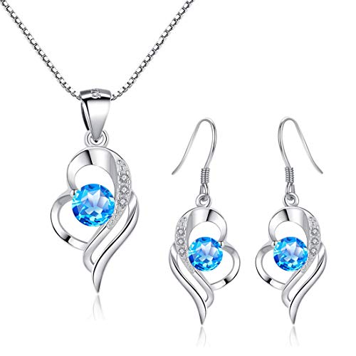 Kamise Schmuckset Silber 925 Damen, Liebe Herz Silberkette & Haken Ohrhänger Set mit Aquamarin Zirkonia, Herz Halskette und Hängend Ohrringe, Klassisch Mode Schumuckset zum...