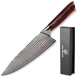 Wolfblood Damastmesser Küchenmesser XL (32cm) TÜV geprüfter 62 HRC Damaststahl aus 67 Lagen I Damast-Küchenmesser Chefmesser Kochmesser mit Kischholzgriff Geschenkbox und Klingenschutz