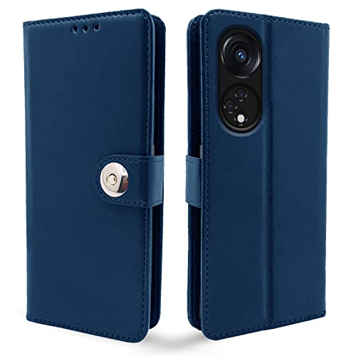 Image of Pikkme Oppo Reno 8T 5G Flip Cover Leather Finish | Inside TPU with Card Pockets | Wallet Stand and Shock Proof | Complete Protection Button Flip Case (Blue)