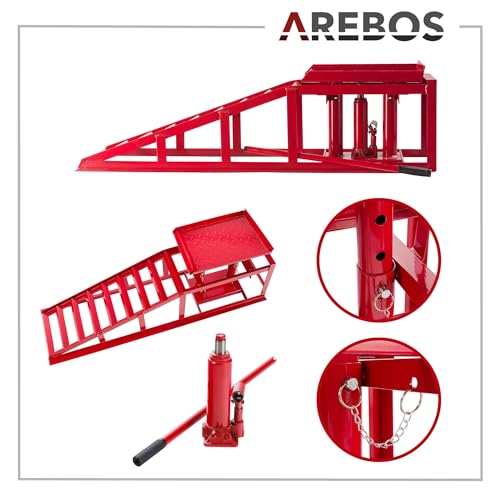 Arebos 2X Auffahrrampe mit hydraulischem Wagenheber | XXL PKW Hebebühne KFZ Rampe 257 mm Auffahrbreite | Auffahrbock Hebeplattform mit Sicherheits-/ Überdruckventil | Höhenverstellbar 2 T | Rot