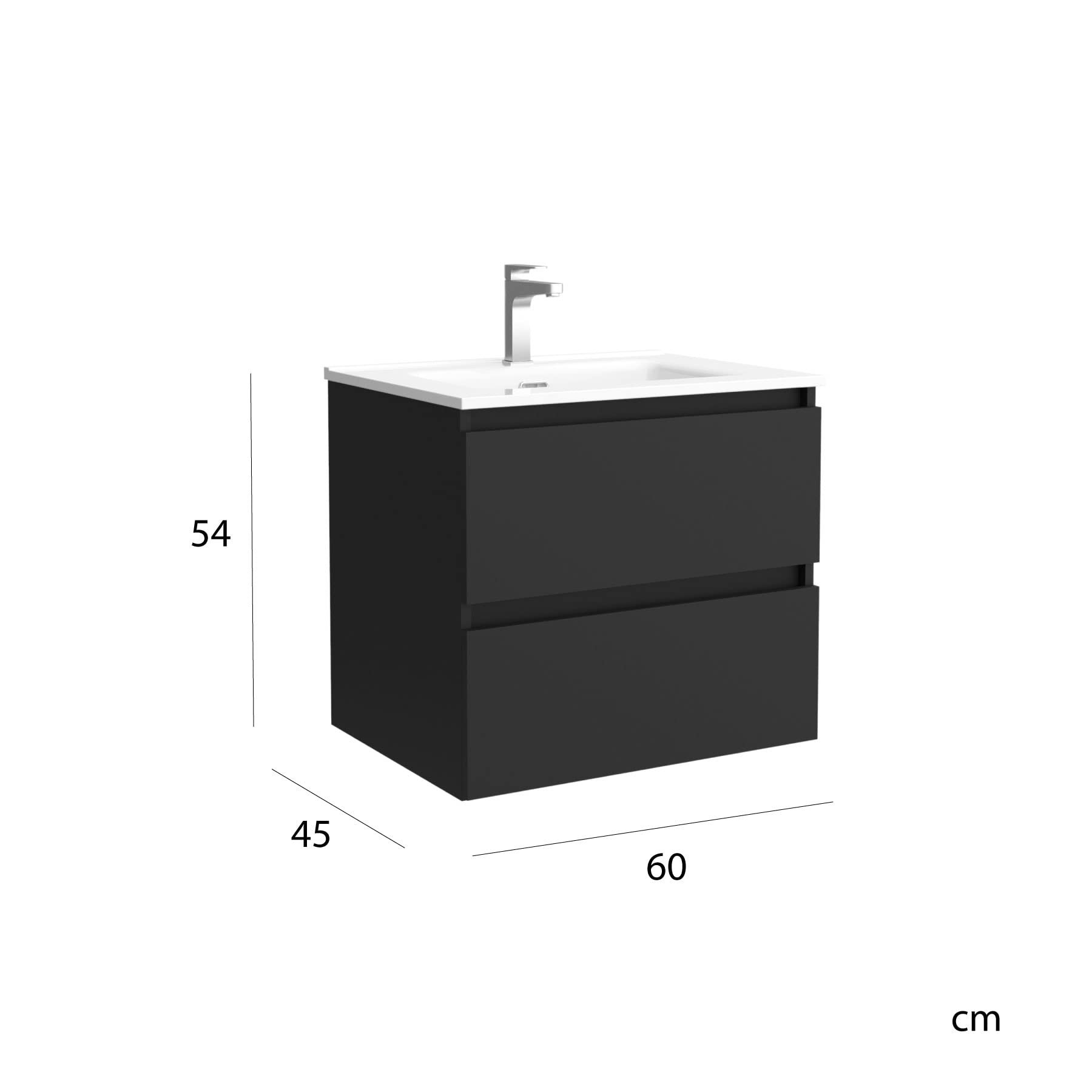 Mueble de baño Bequia 60 cm con Lavabo 100% montado de fábrica | Acabado Negro Mate suspendido 2 cajones Cierre amortiguado Apertura con uñero | Lavabo Porcelana Blanca | Marca Salgar