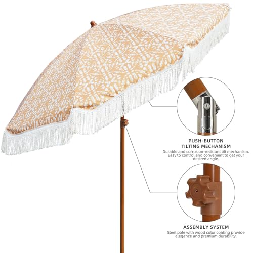 Image of AMMSUN 7ft Patio Umbrella with Fringe Outdoor Tassel Umbrella UPF50+ Premium Steel Pole and Ribs Push Button Tilt, Retro Bohemian