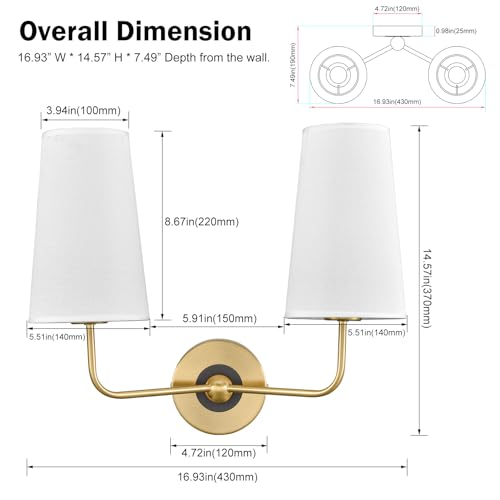 DAYCENT Modern Gold Wall Sconce with Fabric Shade 2-Light Sconces Wall Lighting Double Armed Bathroom Vanity Lights Brass Wall Lamp for Bedroom Hallway Entryway Living Room by DAYCENT - Image 5
