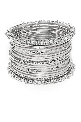 Youbella Antique Look Traditional Bracelet Bangle Set For Women 2.6 Inch, Silver Plated
