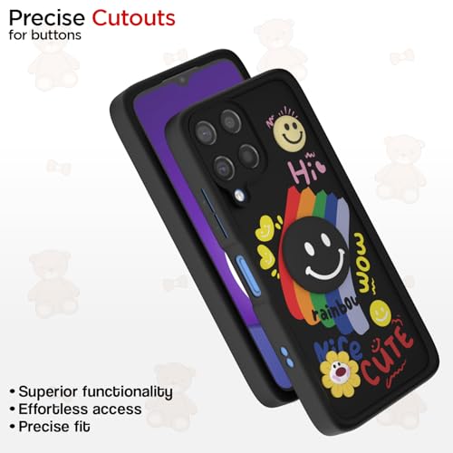 Image of Pikkme Back Cover for Samsung Galaxy M12 / F12 / A12 | Soft Silicone| Cute Rainbow Smile & 3D Cartoon Flower Design | Shockproof Raised Camera Protection Bumper Case (Black)