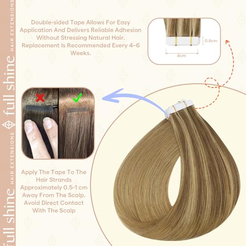 Image of Full Shine Tape Ins Human Hair Extensions, Golden Blonde Ombre 14 Inch | 50g 20PCS, Invisible Tape in Hair Extensions, Remy Seamless Finish Soft Blend Lightweight Party Styling Natural Volume