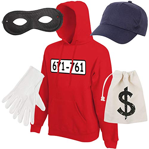 Shirt-Panda Herren Karneval Hoodie · Panzerknacker Kostüm Kapuzenpullover · Unisex Pulli · Auch mit Cap + Maske + Handschuhe · Fasching Verkleidung · Komplettes Kostüm Set M Cover