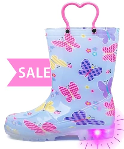 Image of Outee Toddler Girls Rain Boots Little Kids Baby child Light Up Waterproof Rubber LED Shoes Printed Mud Lightweight Adorable with Easy-On Handles Non Slip Sole Pink Blue Butterfly Size 10