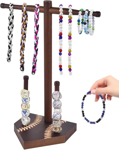 Zymvexor Wooden Sports Ring & Necklace Display Holder Baseball Softball Championship Ring Organizer Drip Necklace Storage Stand Sports Gift for Athletes Tool-free installation