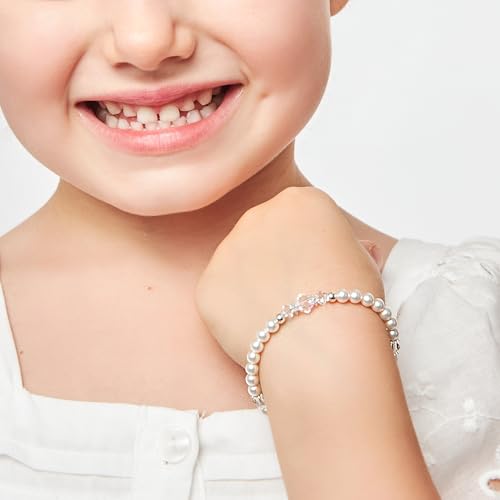 Image of Baby Crystals Toddler Bracelets for Girls I Personalized Baby Gifts I Custom Initial Letter I Sterling Silver Initial Charm I Pearl Bracelet I Kids Jewelry I Keepsake Birthday Gifts