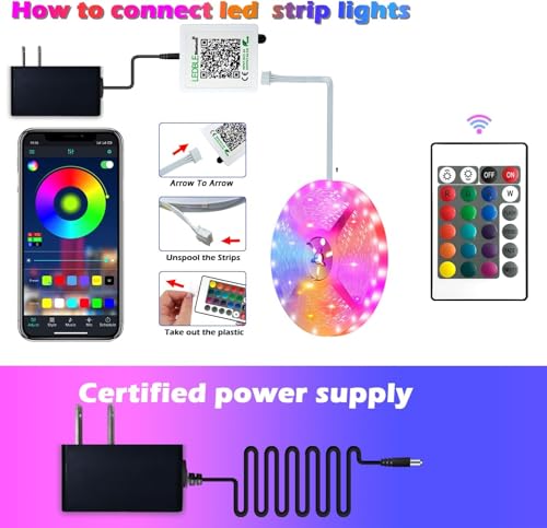 Image of 65.5FT Led Strip Lights,Long Smart Led Light Strips Music Sync 5050 RGB Color Changing Rope Lights,Bluetooth APP /IR Remote /Switch Box Control Led Lights for Bedroom,Home Decoration,Party,Festival