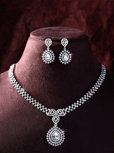 Image of ASMITTA Cubic Zirconia CZ Studded Rhodium Plated Necklace Set | Jewelery for Women Girls Ladies | Wedding Party Festive A-NS073