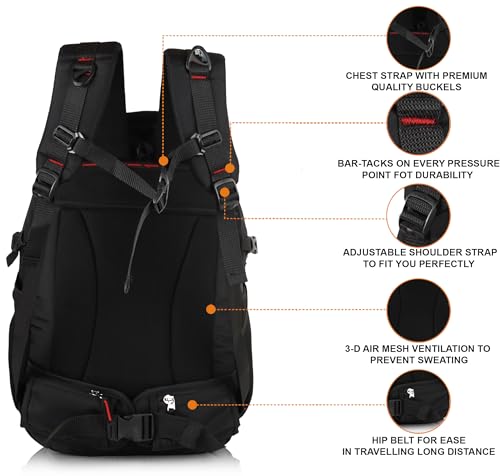 Image of Half Moon 45L Hammer Waterproof 4 Compartment Rucksack /Trekking Bag For Mens | With 17.3 inch Laptop Compartment & Rain Cover | 1 Year Warranty | For Hiking, Travel Backpack For Boys & Girls (Black)