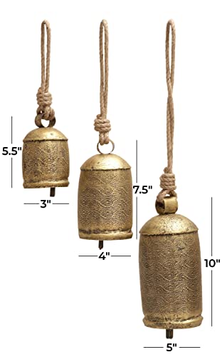 Deco 79 Metal Tibetan Inspired Meditation Decorative Cow Bell With Jute Hanging Rope, Set Of 3 10",8",6"H, Bronze #TOP2