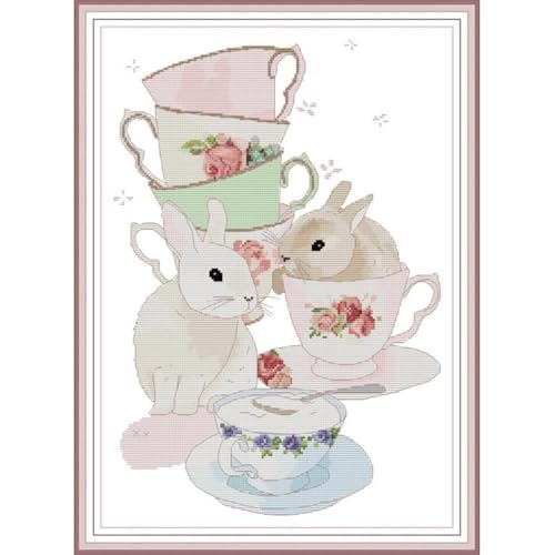 Image of JOYSEWING Bunny Stamped Kits Cross Stitch Kits for Beginners Counted Patterns Embroidery Kits 11CT Needlepoint DIY Kids Craft kit Home Decor (Printed) 18.1x24.8 inch (Cup and Rabbit (Printed))