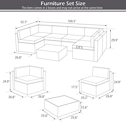 U-MAX 7 Piece Outdoor Patio Furniture Set, PE Rattan Outdoor Grey Wicker Furniture, Outdoor Sectional Furniture Chair Set with Cushions and Tea Table, Grey Rattan and Grey Cushion