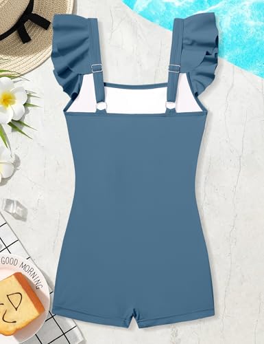 Image of Girls Swimsuit Ruffle Solid One Piece Bathing Suits 7-18 Years | Teen Bathing Suits for Girls Ruched Sleeveless Girls' Swimwear