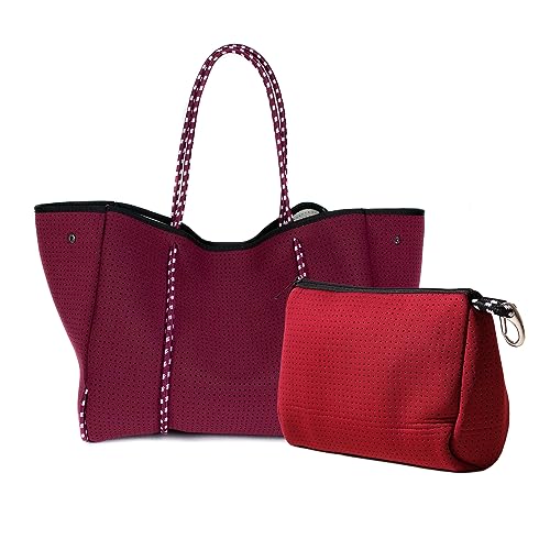 POPUPS Large Neoprene Tote Bag and Large Makeup Bag Bundle, Waterproof and Lightweight Travel Bags, Durable Travel Essentials for Women (Burgundy)