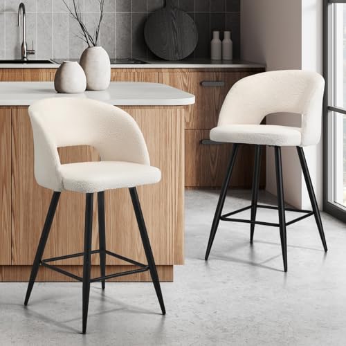 Oikiture Bar Stools Set of 2, Bar Stool with Widen Sherpa Boucle Fabric Backrest in 59cm Seat Height Modern Counter Kitchen Chairs Dining Chair for Outdoor Indoor Home Bar Dining Room Cafe, White