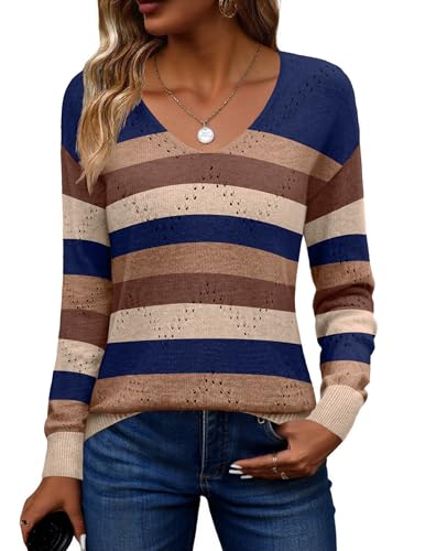 Zeagoo Striped Sweater Women Dressy Casual Fall Ribbed Knit V