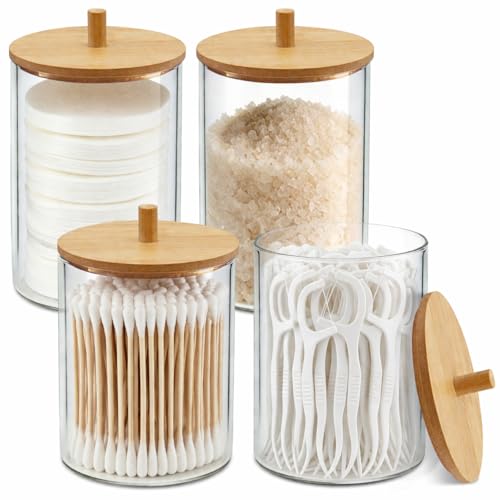 PureRoot Glass Qtip Holder Dispenser Set - 10oz Cotton Swab Holder with Bamboo Lids, Bathroom Canisters Apothecary Jar Vanity Storage Organizer for Cotton Balls Pads, Floss Picks (4 Pack)