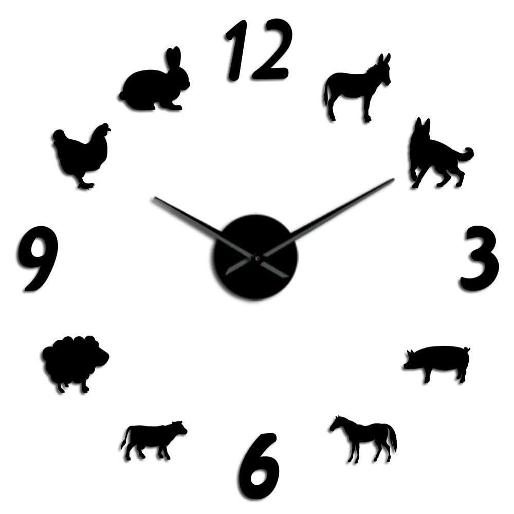 Horloge murale 3D acrylique animaux de ferme noir 47 pouces