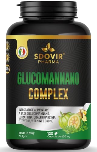 SDOVIR® Glucomannano Forte 120 Capsule, Glucomannano Purificaro, Cromo, Garcinia, Té Verde, Vitamina B1 B2 B6; Fibra Saziante Vegetale. Microcircolo, Senso di Sazietà Senza Glutine e Lattosio