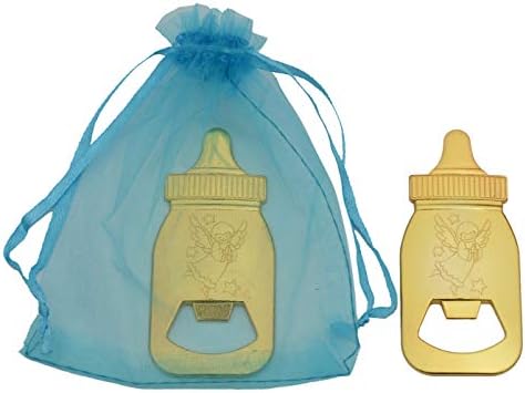 24pcs Gold Baby Bottle shaped Bottle Openers with 48 pack Blue Organza Bags Baby Shower Return Gifts Wedding Favors for Guests Party Favors (Blue)