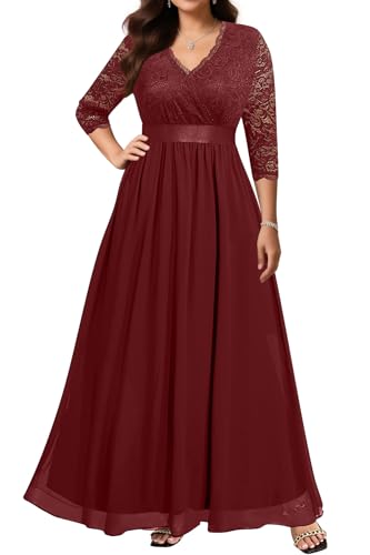 Image of Pinup Fashion Wedding Dresses for Bride Plus Size - Formal Evening Gown Wrap Neck Lace Chiffon Long Dress
