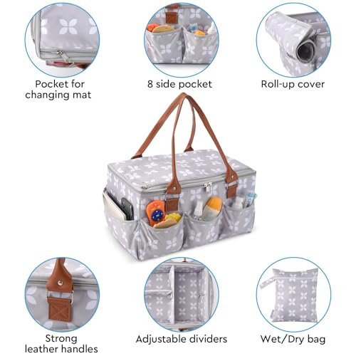 Moteph Diaper Caddy Organizer - Baby Caddy with Lid & Changing Mat, Car Diaper Caddy, Large Nursery Storage Diaper Tote Basket for Changing Table with Zip-Top Cover, Great for Baby Showers - Grey - Image 4