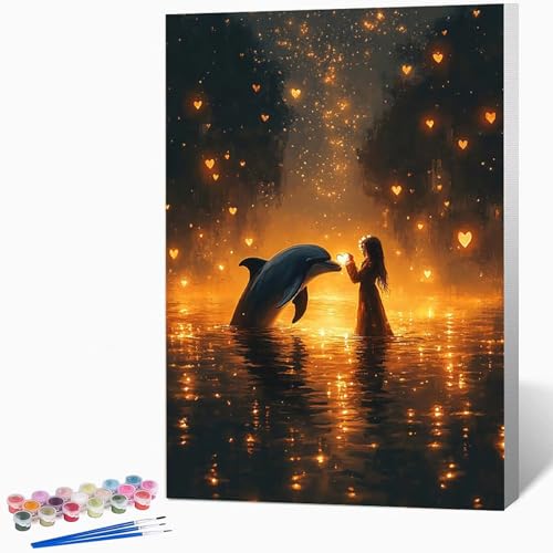 イルカ ペイントバイナンバーキット愛 数字油絵 塗, DIY手描き油絵セット(ブラシ3本とアクリル絵の具を含む)、キャンバスセット、家の壁の装飾ギフト,誕生日プレゼント女性 50*65CM フレームなし -WX251056I