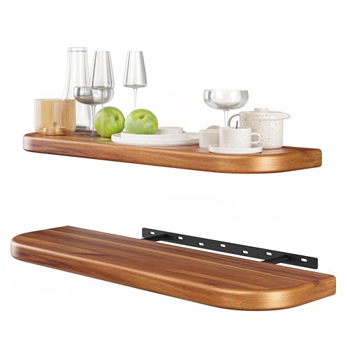 BATODA 24' Acacia Wood Floating Shelves Wall Mounted (Round Edge) – Rustic Farmhouse Wooden Wall Storage Shelf for Bedroom, Kitchen - Brackets and Shelving Hardware Included (Acacia,24 Inch Length)